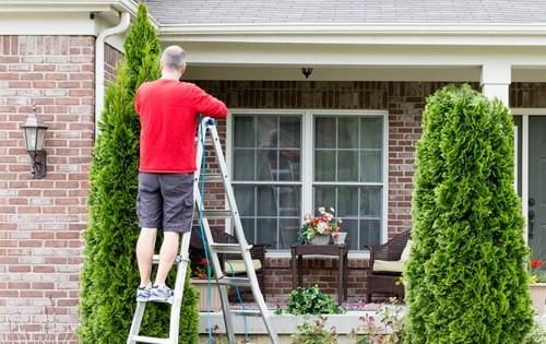 man-trimming-shrubs-ladder-house