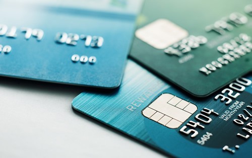 Blue and green credit cards